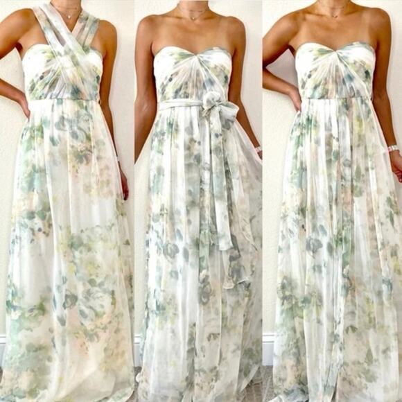 Jenny Yoo Chiffon Convertible Strapless Dress Garden Print Size 26 Green Ivory - Picture 1 of 11